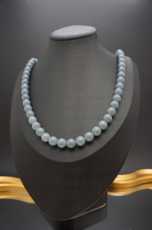 10mm Ashy Blue Lavender Jadeite Beads Necklace 卡十烟灰蓝紫翡翠珠串项链