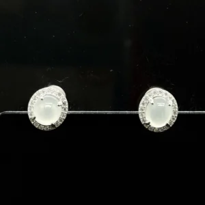 White Jadeite Oval Halo Stud Earrings (S925 Silver)
