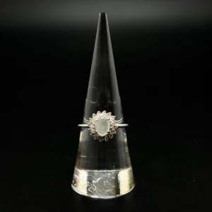 White Jadeite Oval Floral Halo Ring (S925 Silver)