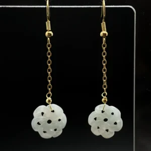 White Jadeite Flower Chain Drop Earrings (Gold Tone)