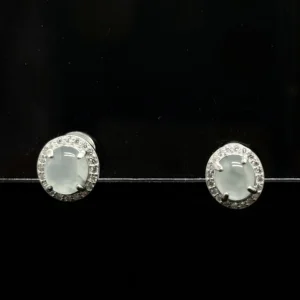 White Jadeite Oval Halo Stud Earrings (S925 Silver)