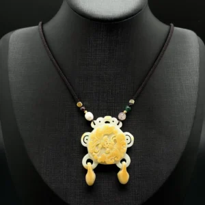 Yellow Jadeite Double Sided Butterfly Medallion Pendant Necklace with Double Drops