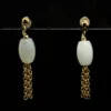 White Jadeite Barrel Tassel Earrings (Gold Tone)