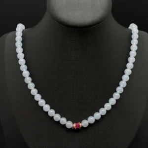Icy Lavender Jadeite Bead Necklace with Ruby Accent