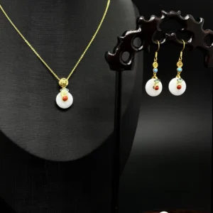 White Jadeite Donut Jewellery Set (Necklace, Earrings, Ring)